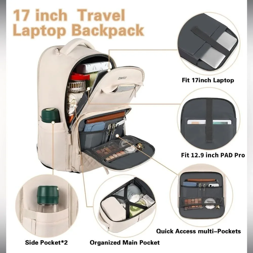 ZOMFELT Rolling Backpack for Women with Wheels 17 Inch Laptop Air Travel NWOT